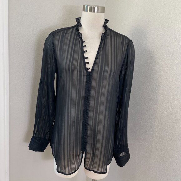 NEW Express Portofino Shirt Womens Large Slim Fit Black Sheer Ruffle Neck Blouse - Picture 1 of 11